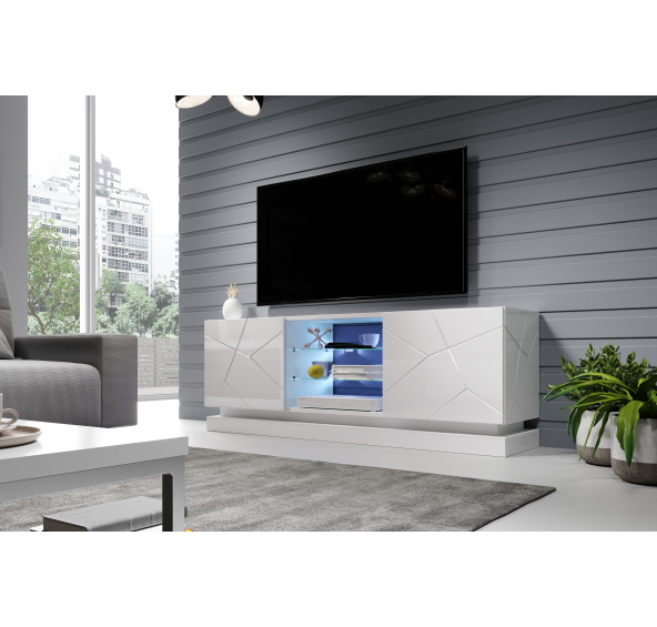 Szafka RTV Pod Telewizor Cama MEBLE QIU 160cm Biały Połysk Frezowany Front