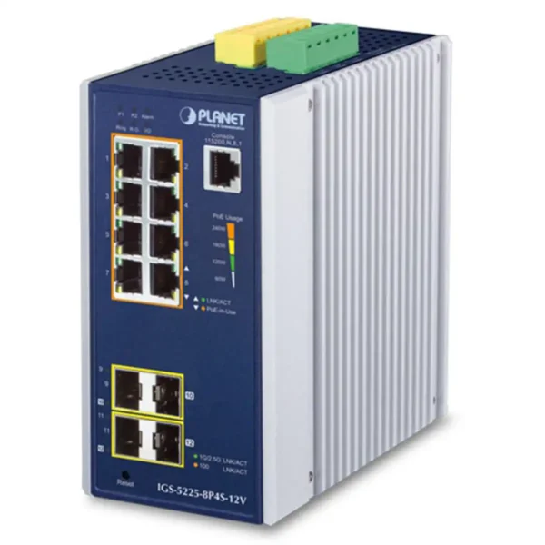 Przemysłowy Switch PoE+ PLANET ISW-804PT-M12 4x PoE+ 4x GE Szyna DIN IP40