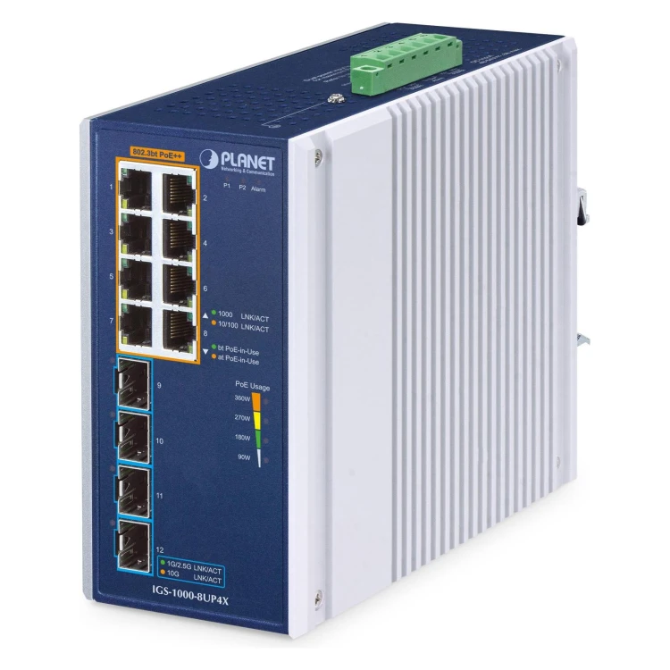 Przemysłowy Switch PoE+ PLANET ISW-804PT-M12 4x PoE+ 4x GE Szyna DIN IP40