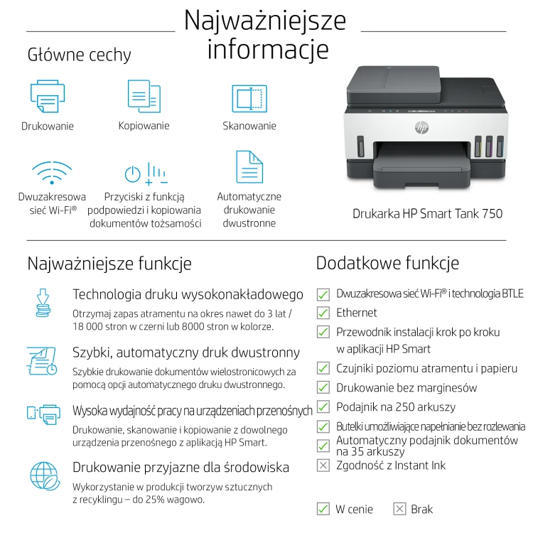 Urządzenie wielofunkcyjne HP Smart Tank 750 6UU47A Wi-Fi duplex ADF