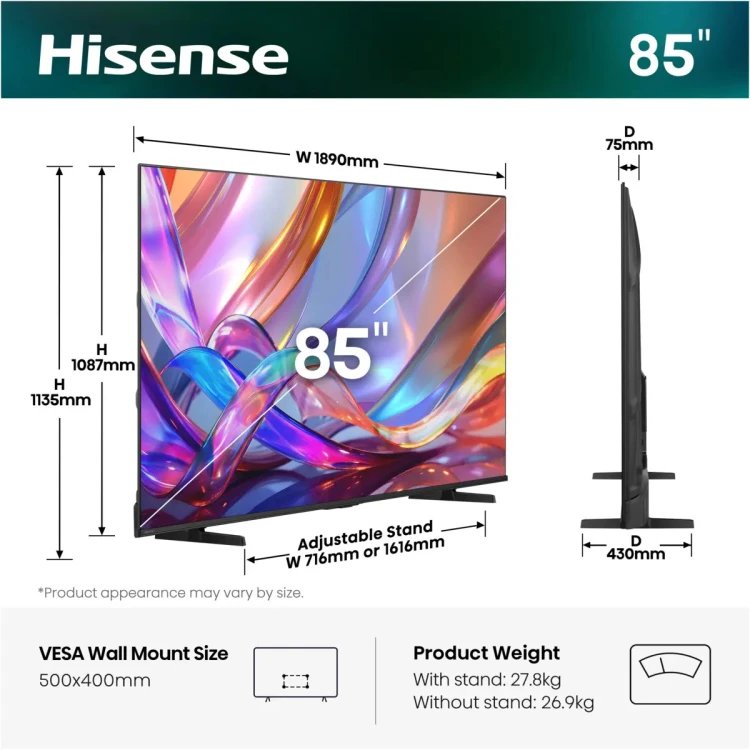 Telewizor Hisense 85E7S 85" 4K UHD QLED Smart TV VIDAA Dolby Atmos