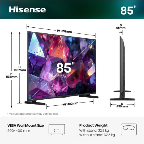 Telewizor Hisense 85E7S PRO 85" 4K UHD QLED Smart TV VIDAA 144 Hz Dolby Atmos