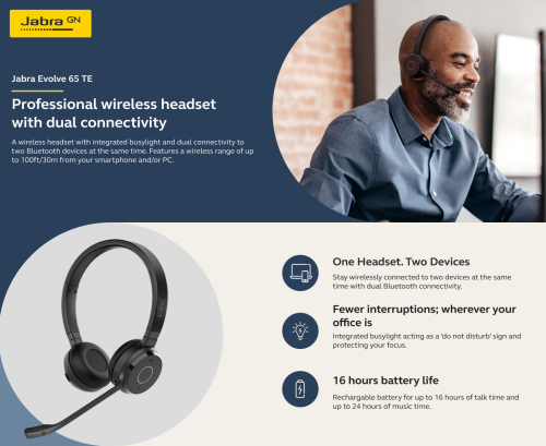 Słuchawki bezprzewodowe Jabra Evolve 65 TE UC Stereo Bluetooth Link 390 USB-A