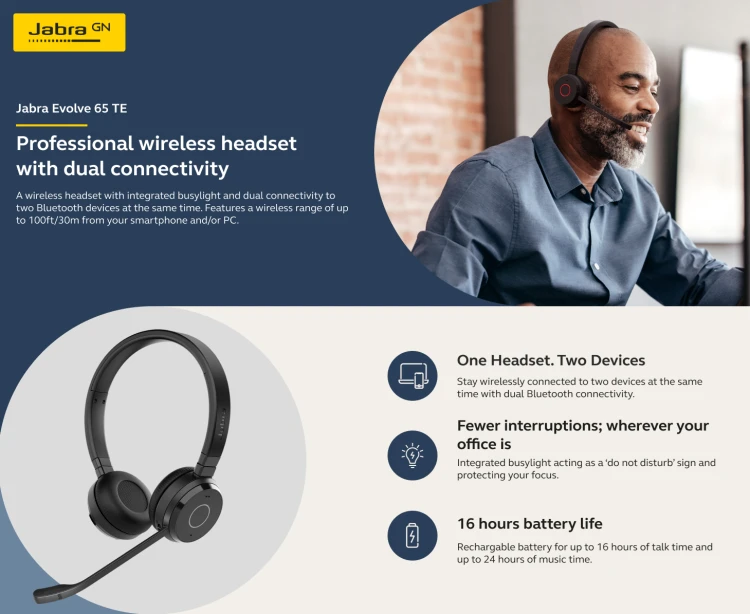 Słuchawki bezprzewodowe Jabra Evolve 65 TE UC Stereo Bluetooth Link 390 USB-A