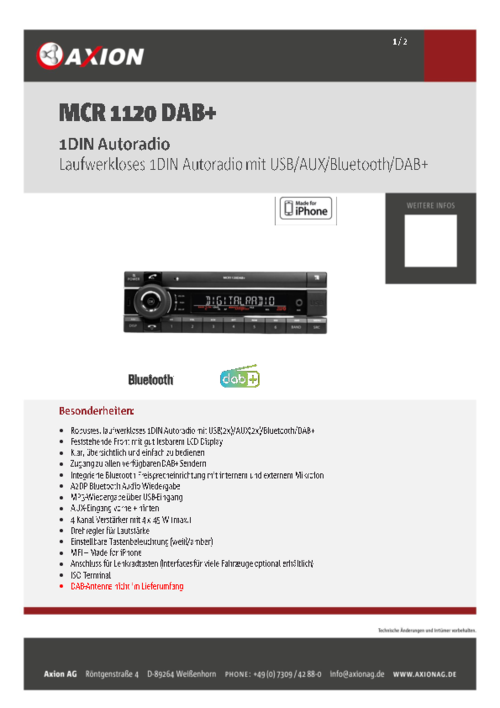 Axion Kienzle MCR 1120 DAB+ USB/AUX/BT Kurzschacht
